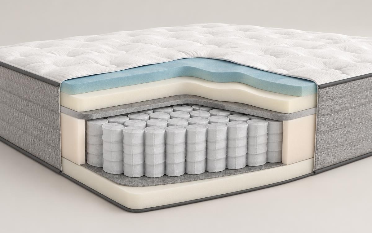 Cutaway of a hybrid mattress showing foam comfort layers over pocketed coils